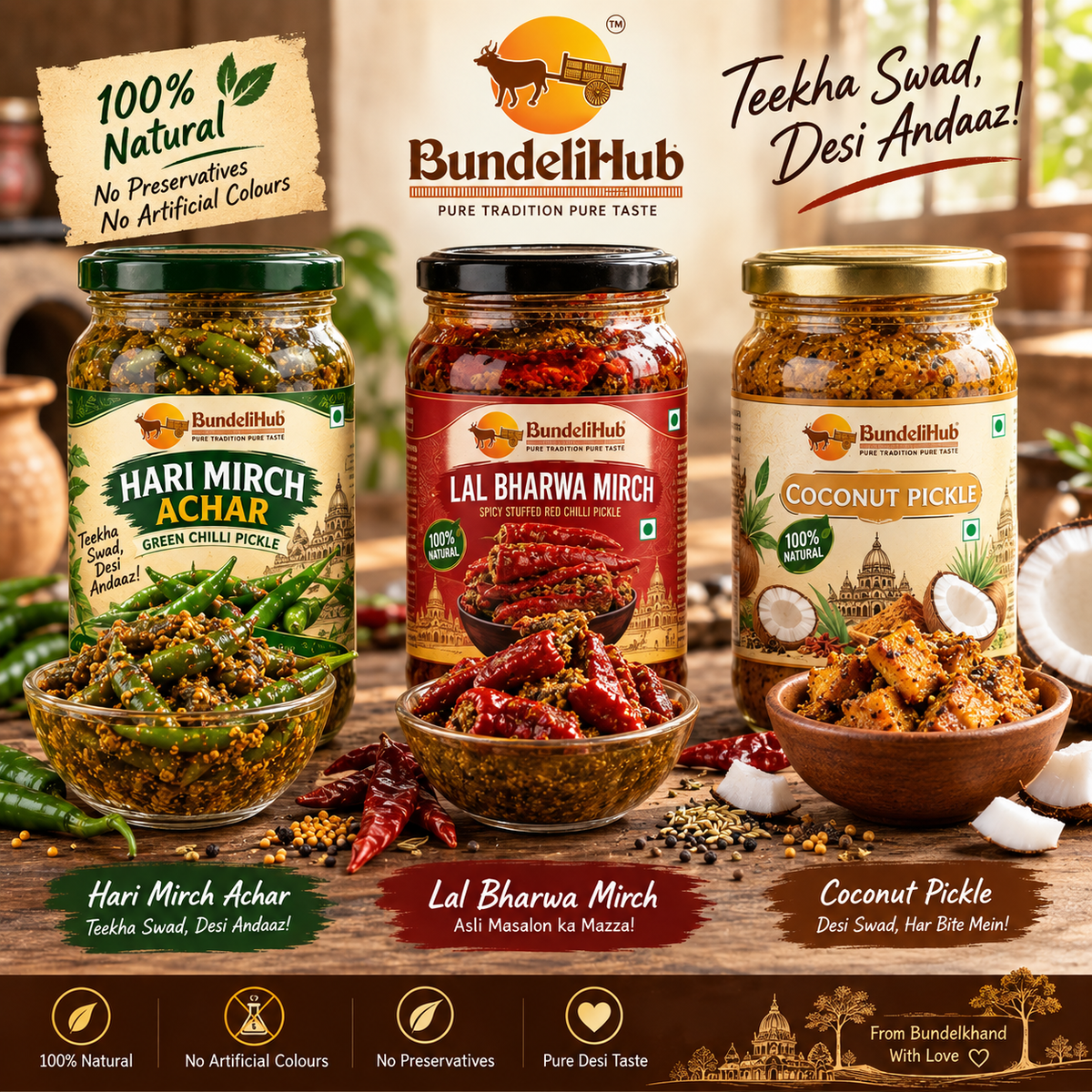 Mirch & Chatpata Trio – Lal Mirch, Hari Mirch & Coconut Pickle Bundle (20% Off) - Bundeli Hub
