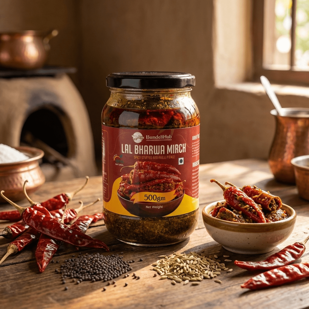 Bharwa Mirch Achar – Authentic Red Stuffed Chilli Pickle | Spicy & Tangy | Handmade | 100% Natural - Bundeli Hub