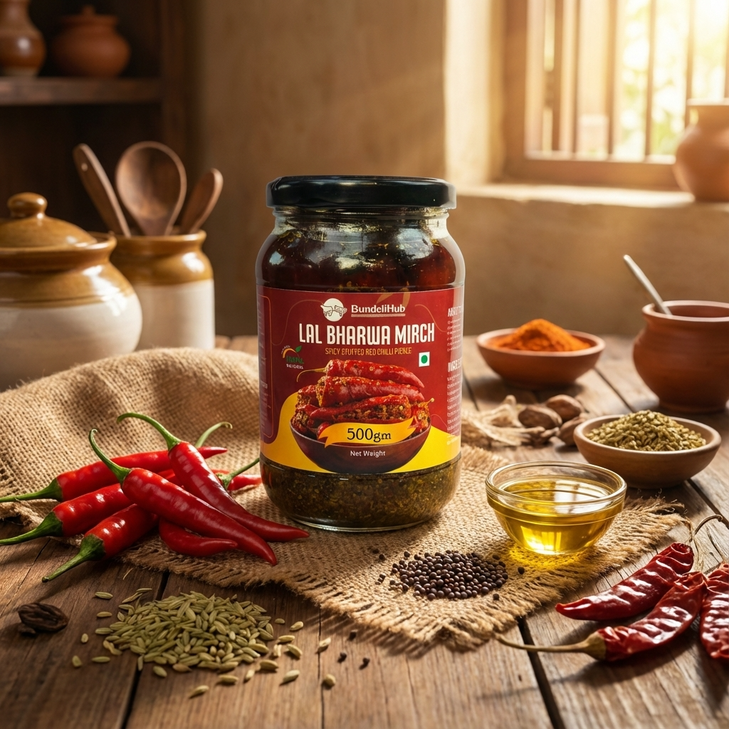 Bharwa Mirch Achar – Authentic Red Stuffed Chilli Pickle | Spicy & Tangy | Handmade | 100% Natural
